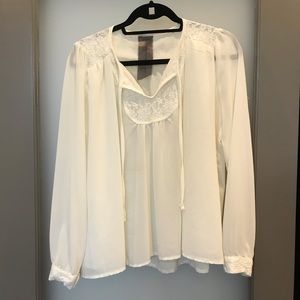 White long sleeve chiffon blouse with lace details